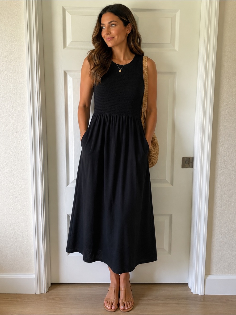 Garnet Hill Black Sleeveless Maxi Dress with Smocked Bodice large